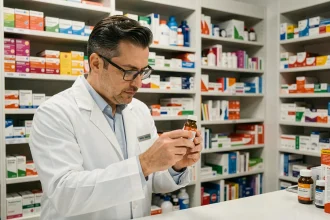 Pharmacien en blouse blanche examinant un flacon de médicament derrière le comptoir d'une pharmacie moderne