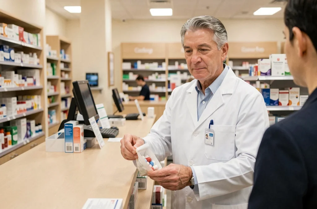 Pharmacien senior remettant un sac de médicaments à un client au comptoir d'une pharmacie moderne