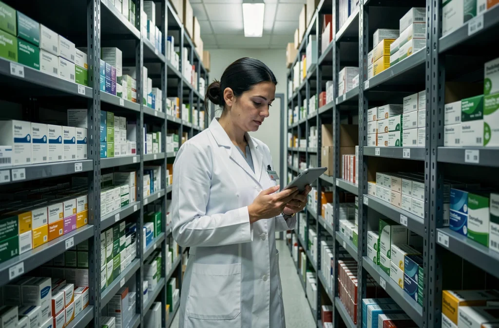 Pharmacienne consultant une tablette numérique dans un entrepôt pharmaceutique bien organisé