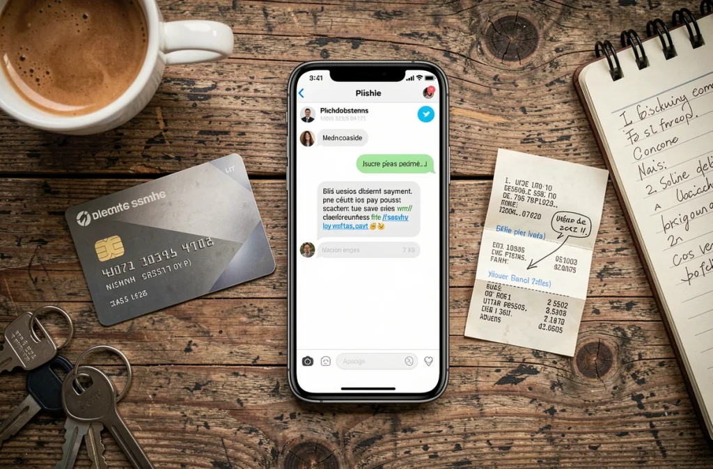 Smartphone affichant un message frauduleux sur Le Bon Coin avec carte bancaire et reçu sur un bureau en bois