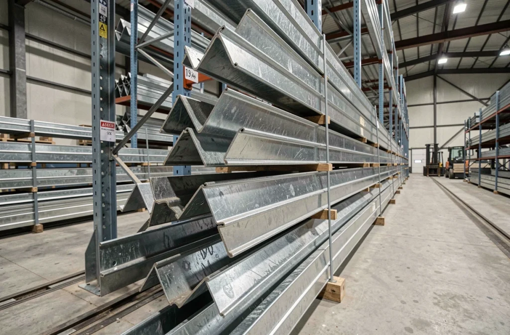 Stock de cornières en acier galvanisé rangées en rayonnage dans un entrepôt industriel