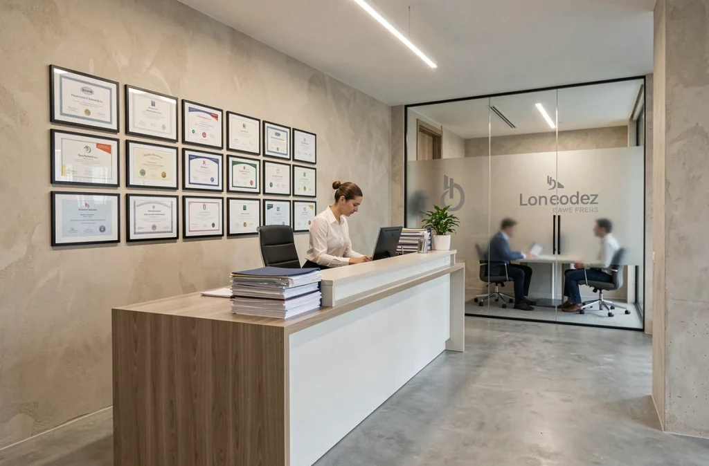 Réception moderne du cabinet pluridisciplinaire AGN Avocats Rodez avec des diplômes encadrés et un espace de travail professionnel