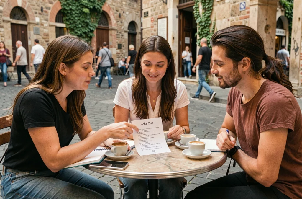 Groupe d'apprenants adultes analysant la traduction de Bella Ciao en français à la terrasse d'un café romain