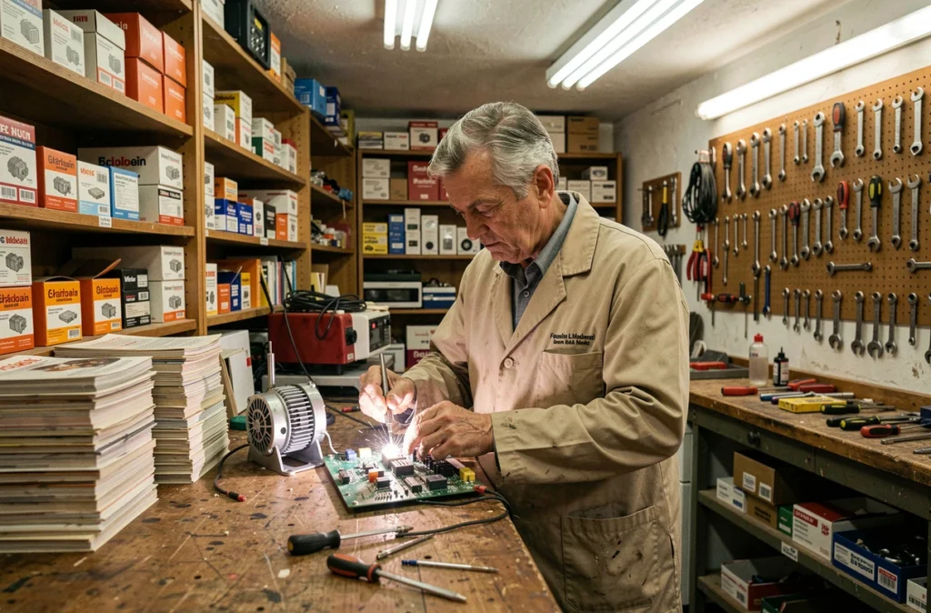 Réparateur de l'Atelier Ménager à Marseille effectuant une soudure sur une carte électronique de réfrigérateur dans un atelier artisanal