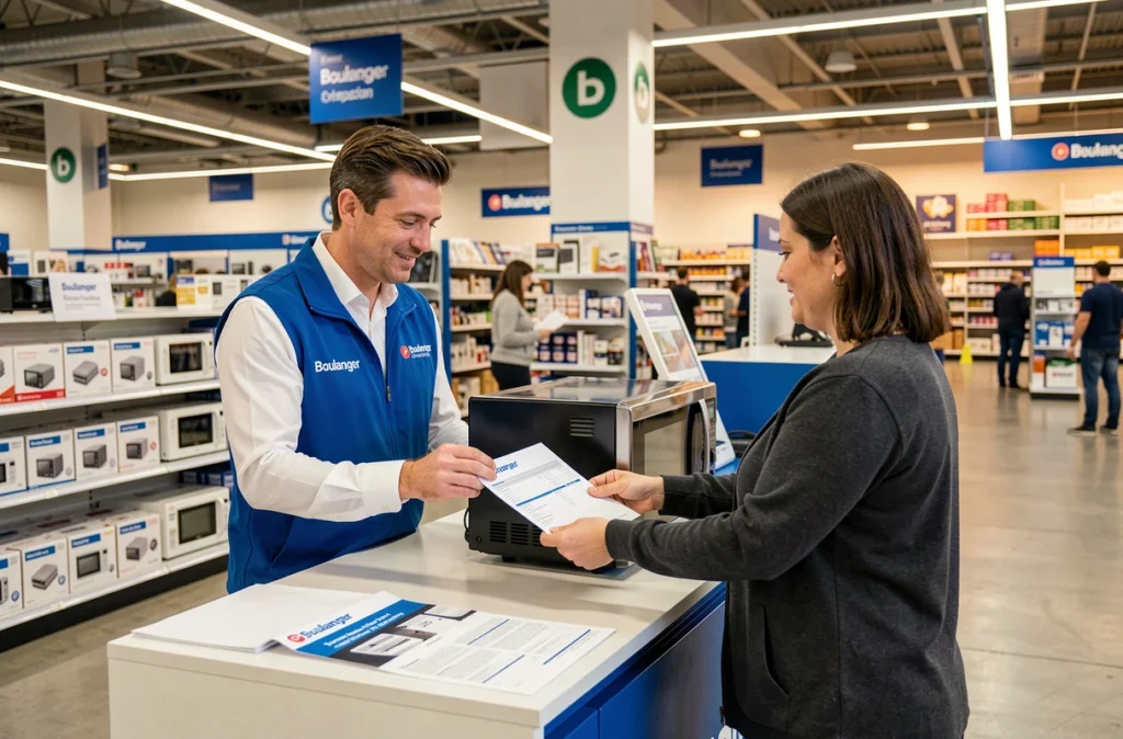 Conseiller SAV Boulanger au Plan de Campagne enregistrant une demande de réparation d'un four micro-ondes au comptoir du service après-vente