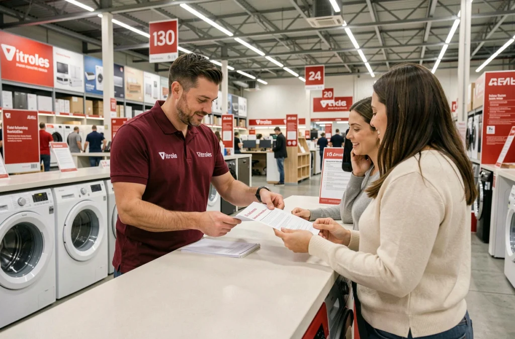 Agent SAV BUT à Vitrolles accueillant un couple au comptoir du service après-vente pour une prise en charge de lave-linge