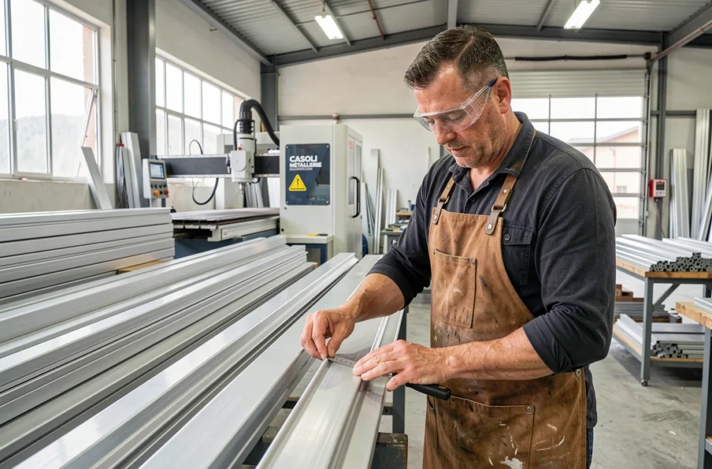 Artisan métallier de Casoli Métallerie Aluminium mesurant un profilé aluminium dans un atelier de fabrication