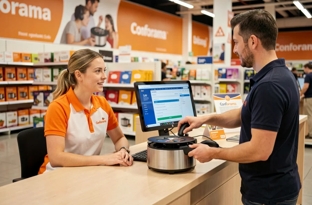 Conseillère SAV Conforama au Plan de Campagne enregistrant la prise en charge d'un robot ménager défectueux au comptoir
