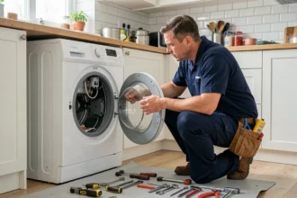 Technicien en réparation d'électroménager intervenant sur un lave-linge dans une cuisine domestique, illustrant le dépannage d'appareils dans les Bouches-du-Rhône