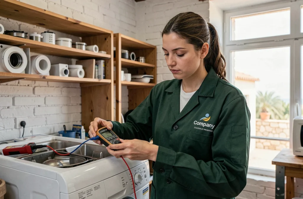 Technicienne d'Electro Solutions à Martigues diagnostiquant un lave-vaisselle avec un multimètre dans un atelier de réparation