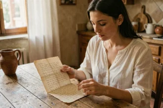 Jeune femme italienne étudiant les paroles de Bella Ciao sur du papier manuscrit dans une cuisine toscane rustique