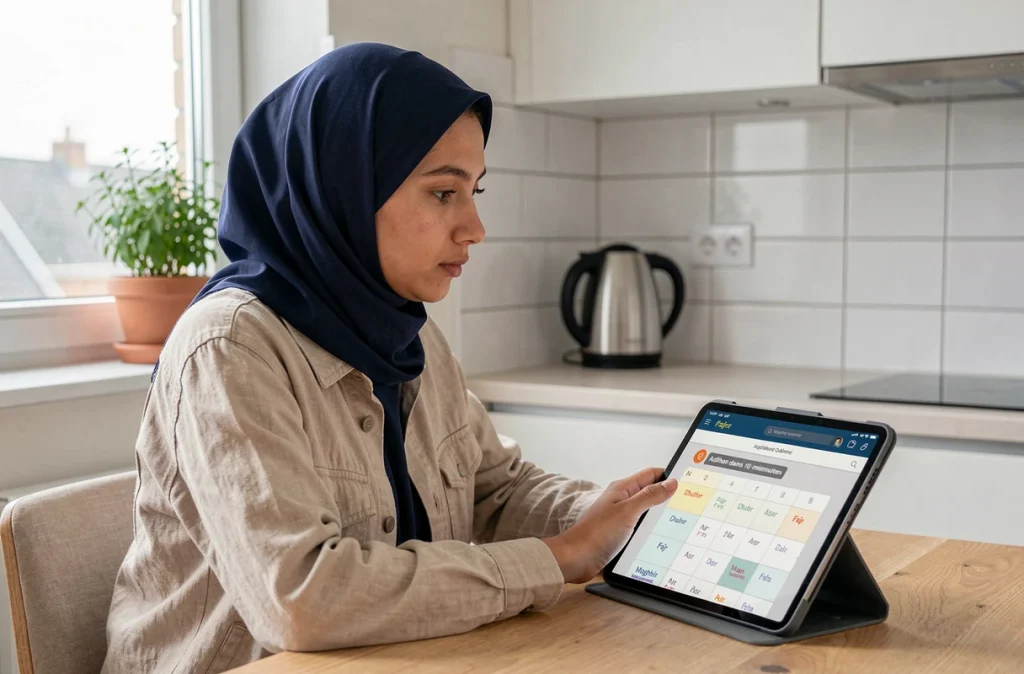 Femme musulmane consultant les horaires de salat sur tablette avec alerte adhan à Argenteuil
