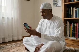 Homme consultant les horaires de salat sur smartphone à Argenteuil avec alerte avant l'adhan