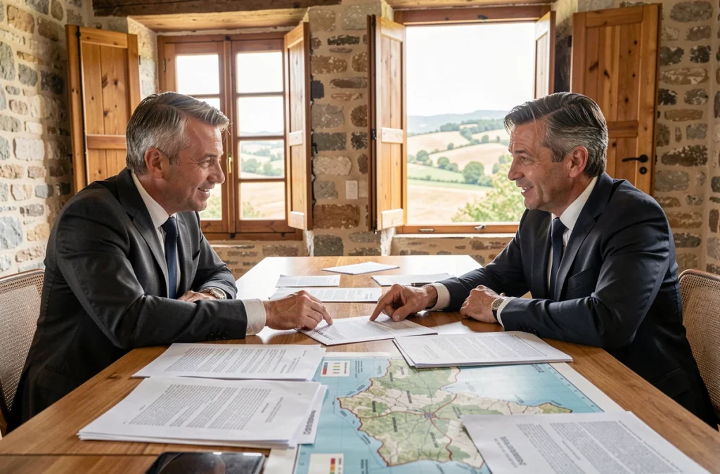 Hubert Aoust et Bastien Auzuech, avocats associés Aveyron-Lozère, en réunion autour d'une table de conférence avec des cartes régionales
