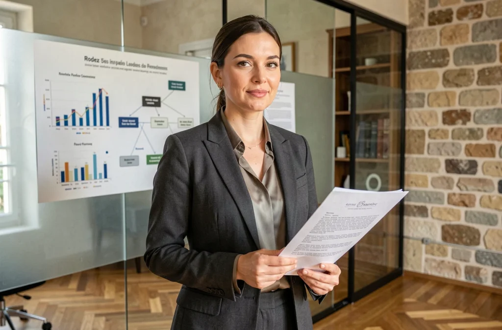 Maître Cécilia Fraudet, avocate en droit des affaires et droit social à Rodez, tenant un contrat juridique devant des graphiques d'entreprise