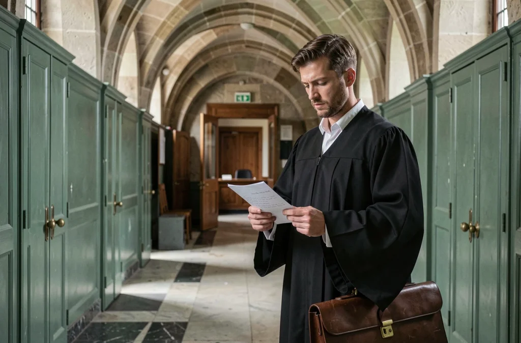 Maître Dylan Lacouve, avocat en droit pénal, en robe d'avocat noire dans un couloir de palais de justice français