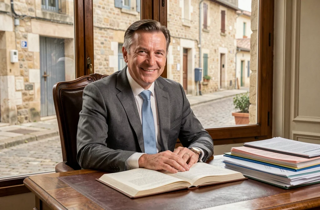 Maître Frédéric Salvy, avocat généraliste à Rodez, souriant derrière son bureau en bois avec des dossiers juridiques ouverts