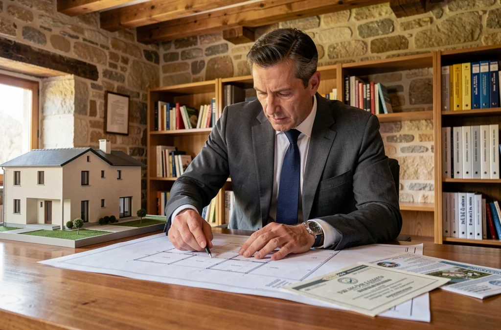 Maître Jérémy Mainguy, avocat en droit immobilier et construction, analysant des plans architecturaux dans un bureau aux murs en pierre