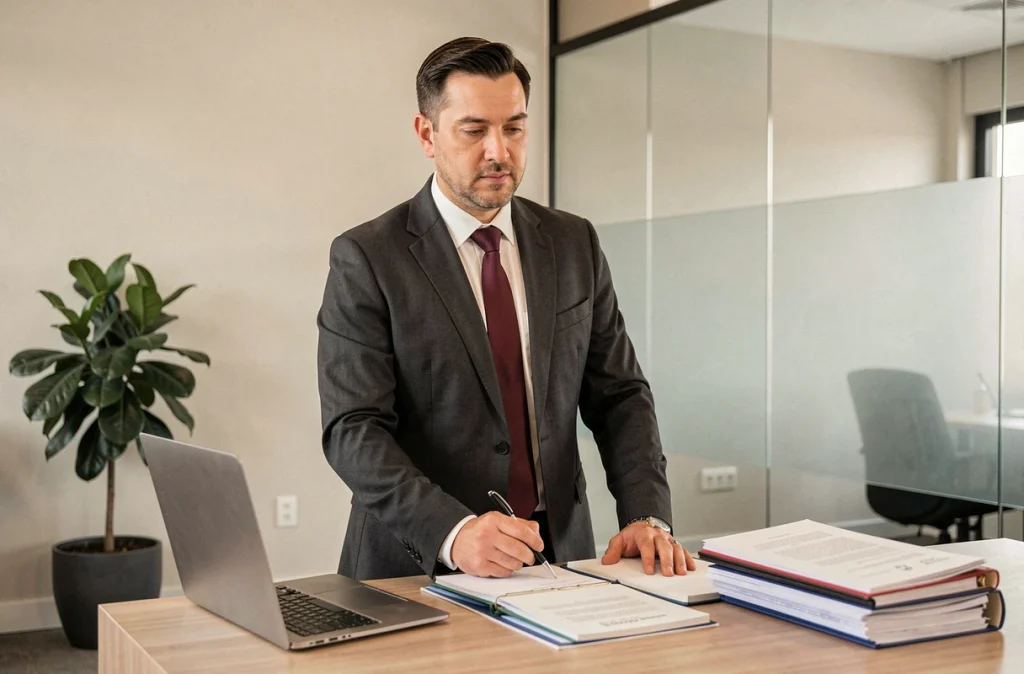 Maître Matthieu Le Bars, avocat MLB Avocat Rodez, en costume anthracite dans un bureau moderne avec des dossiers juridiques