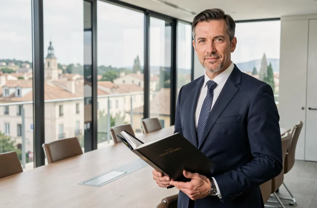 Maître Thomas Trupiano, avocat en droit des affaires à Rodez, en costume marine devant une table de conférence moderne