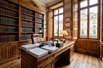 Bureau d'avocat classique dans l'Aveyron avec des livres juridiques, une balance de la justice et des documents officiels sur un bureau en bois