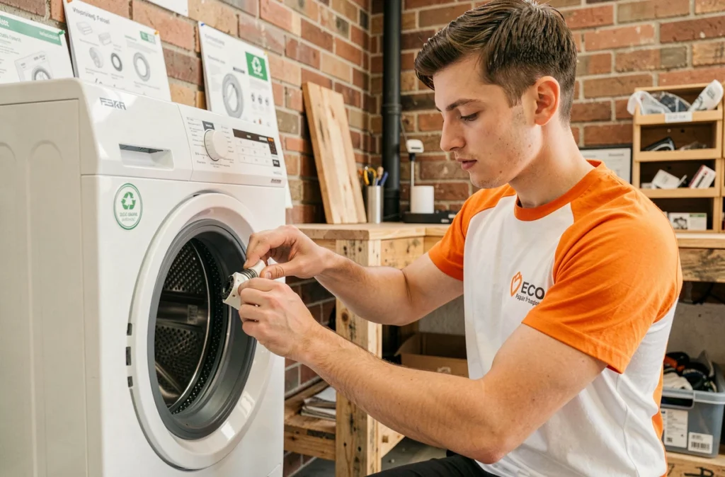 Technicien Murfy à Marseille remplaçant le joint de tambour d'un lave-linge dans un atelier de réparation éco-responsable