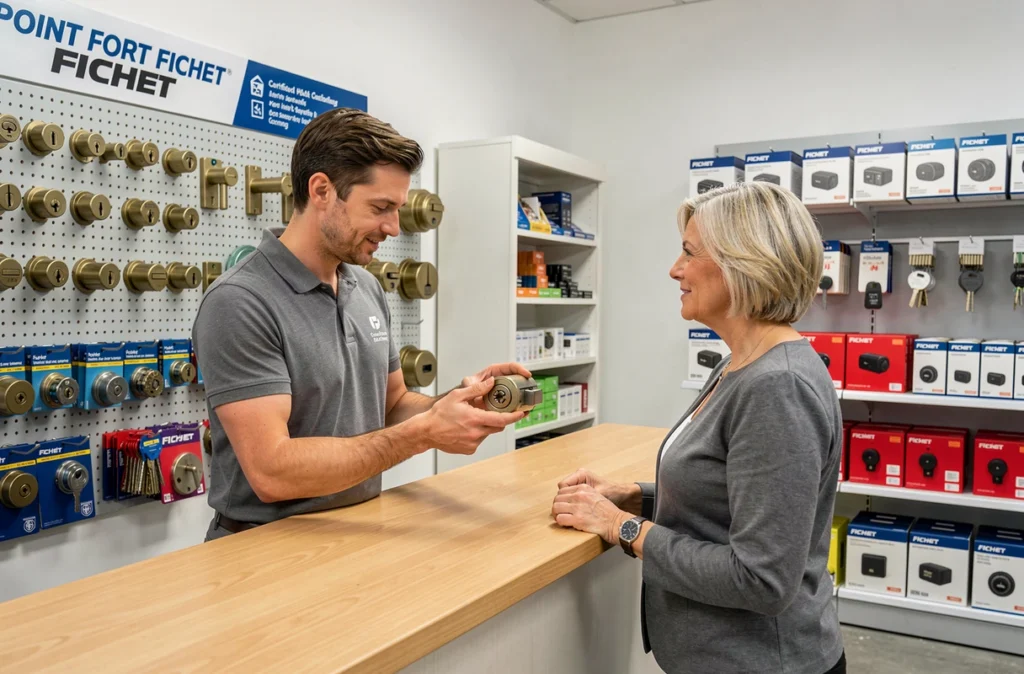 Conseiller Point Fort Fichet présentant des serrures haute sécurité à un client en boutique