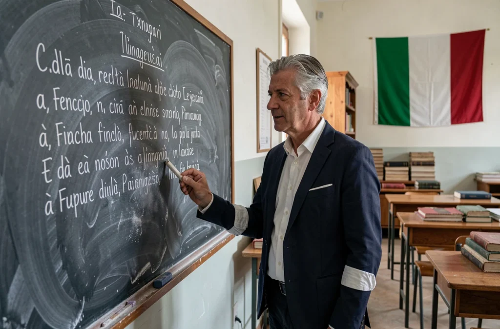 Professeur d'italien écrivant la traduction de Bella Ciao au tableau dans une salle de classe méditerranéenne