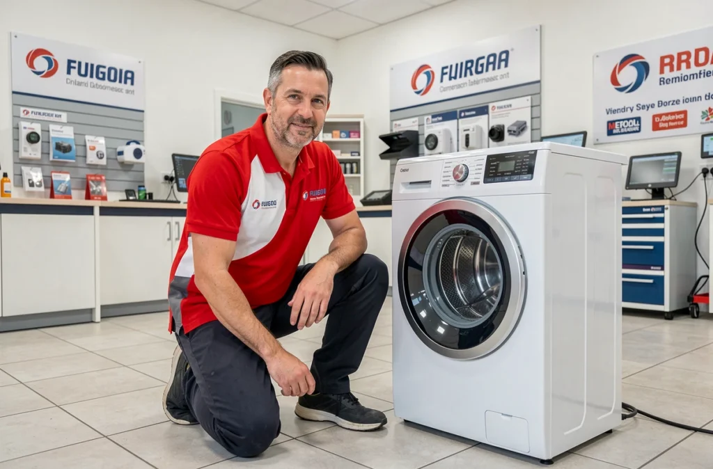 Technicien PULSAT d'Aix-en-Provence agenouillé devant un sèche-linge dans un centre de service agréé