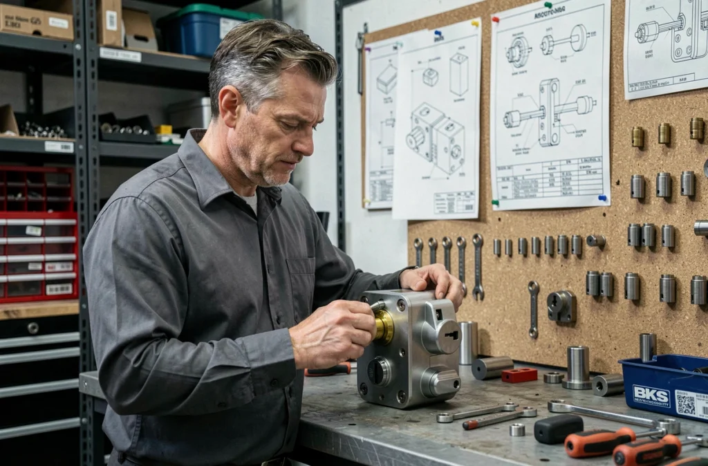 Technicien distributeur agréé BKS examinant une serrure haute sécurité en atelier de serrurerie