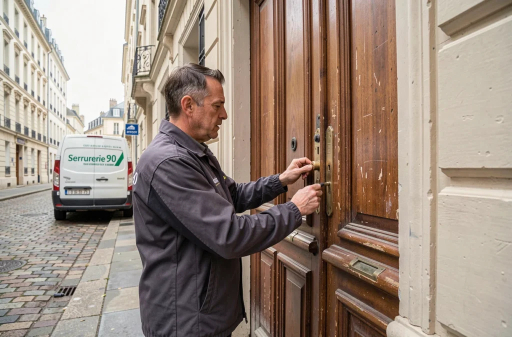 Serrurier de Serrurerie 90 terminant l'installation d'une serrure sur une porte ancienne d'immeuble à Belfort
