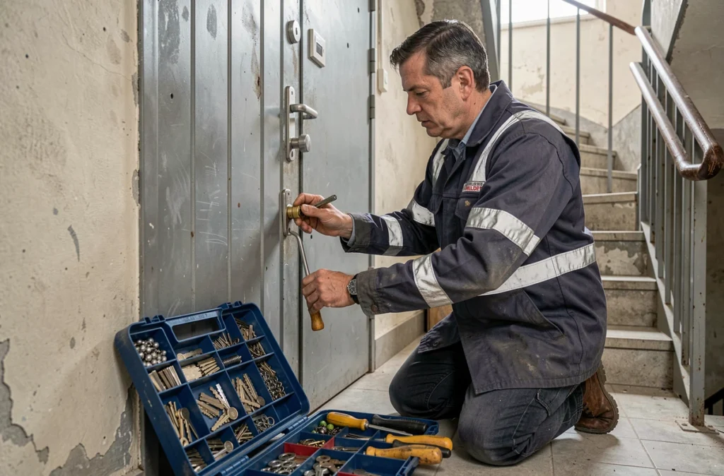 Serrurier de la Serrurerie Muldep remplaçant une serrure sur une porte métallique en cage d'escalier