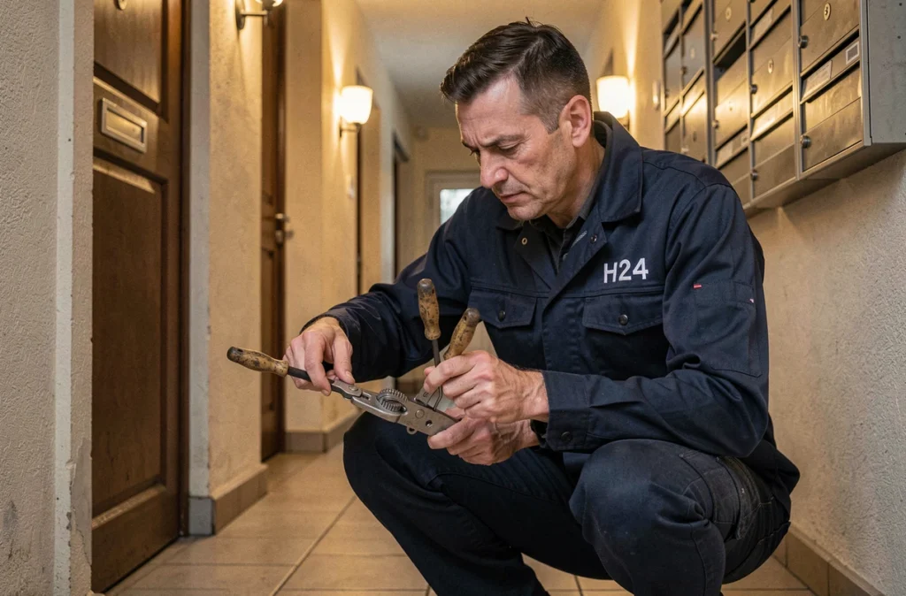 Serrurier Express H24 en intervention d'urgence dans un couloir d'immeuble résidentiel