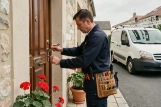 Serrurier professionnel intervenant sur une porte d'entrée résidentielle dans le Territoire de Belfort