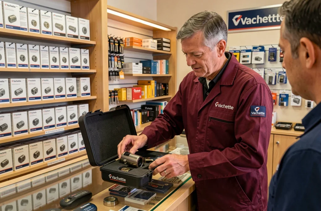 Distributeur agréé Vachette présentant une serrure cylindrique dans une quincaillerie spécialisée