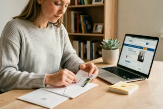 Femme affranchissant une enveloppe à domicile grâce à un service de timbrage en ligne sur ordinateur portable