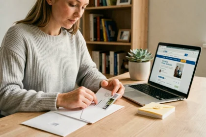 Femme affranchissant une enveloppe à domicile grâce à un service de timbrage en ligne sur ordinateur portable