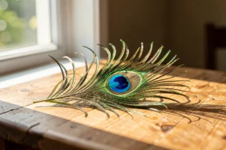 Plume de paon posée sur une table en bois près d'une fenêtre