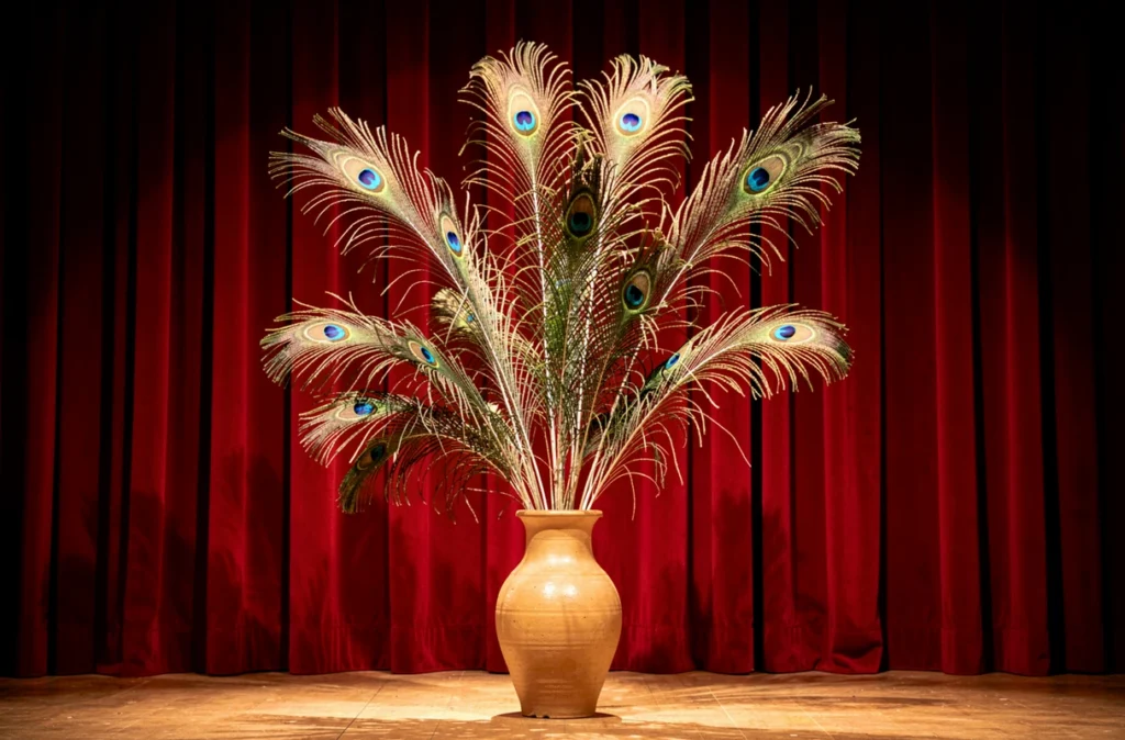 Plumes de paon dans un vase devant un rideau de théâtre